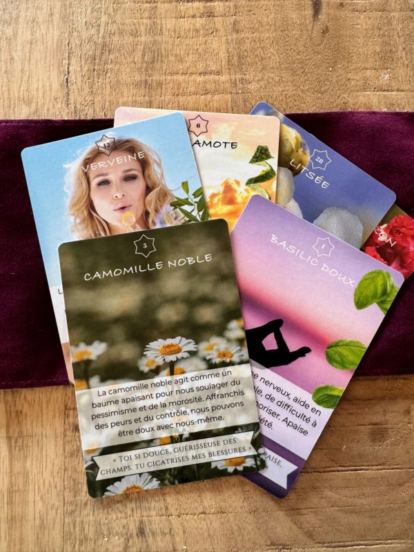 53 cartes d'oracle sur les huiles essentielles avec mantras créées par Nicole Schaerli