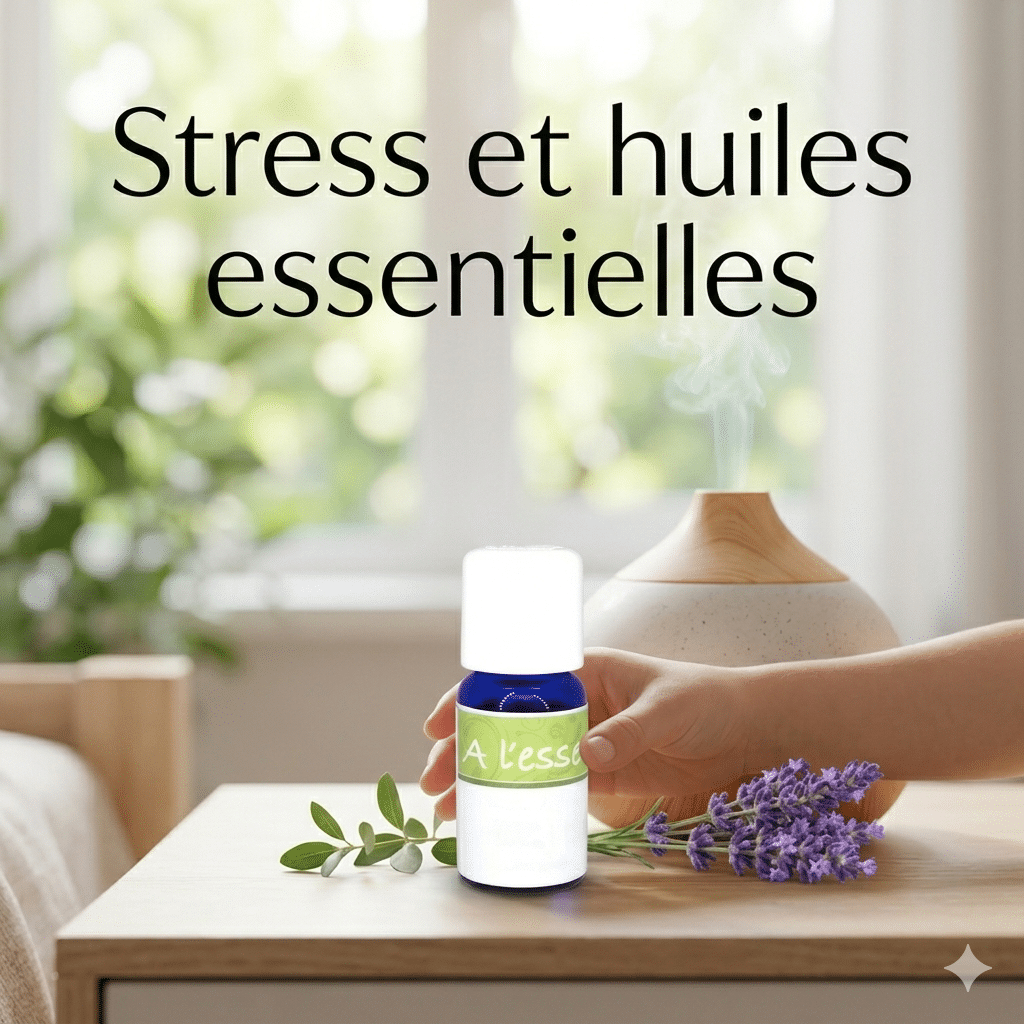 une main pose un flacon d'huile essentielle anti-stress sur une table